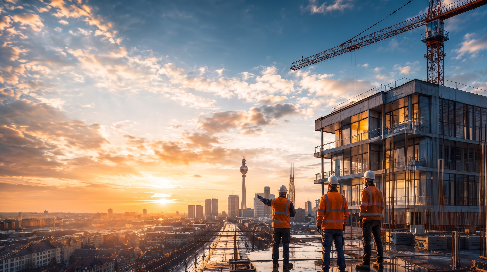 Bauleiter auf einer Baustelle mit Blick über die Berliner Skyline bei Sonnenuntergang